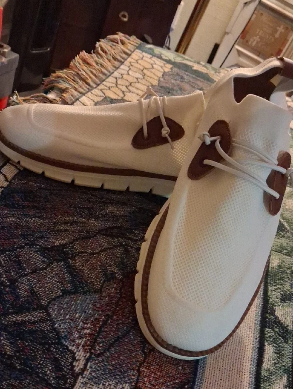 Men's White Boat Shoes with Brown Trim - Casual Knit Deck Shoes